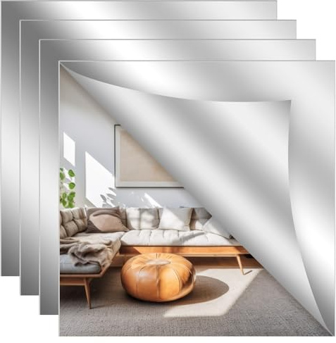 Binnan Spiegelfliesen Selbstklebend Spiegel,4 Stück 30x30 cm Selbstklebende Fliesenspiegel,Spiegelfliesen,DIY Klebespiegel Ohne Stanze für Wanddekoration,Kleiderschrank, Bad,Wohnzimmer,Schlafzimmer