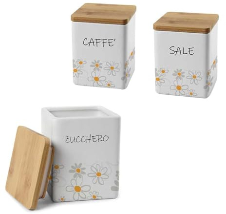 MA MAISON Tris Quadrato Daisy: Set Sale, Zucchero e Caffè in Ceramica con Tappo in Legno- Dimensioni compatte 10x13 cm - Elegante e Pratico per la Conservazione degli Alimenti con Stile
