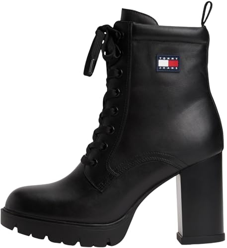 Tommy Jeans Women’s Lace-up Heeled Leather Ankle Boots, Black (Black), 6.5