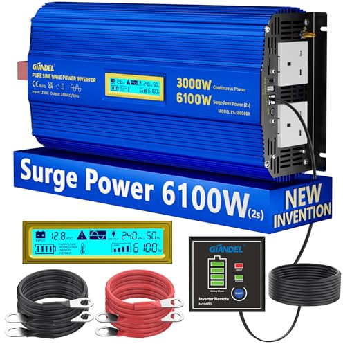GIANDEL 3000W Pure Sine Wave Power Inverter 12V to 230V 240V | 6100W Surge Peak for 2s Compatible with Lithium Battery USB Fast Charging for Motorhome Car Off-Grid Solar RV Truck Vehicle