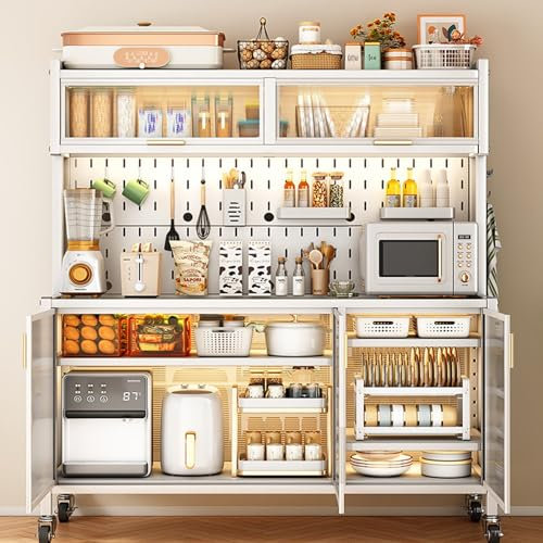 Bakers Mikrowellen-Standwagen mit Stauraum, Klapptür, Stecktafel mit zwei Türen, große Metallregale, zerbrechliche Rollen, 103 cm