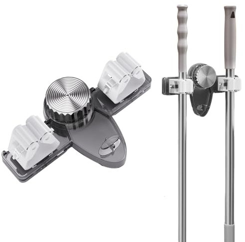 Lergas Broom Holder Wall, Pack of 2 Wall Mount Broom Holder with Suction Cup, Double Clamp, Self-Adhesive Broom Holder, Garden Tool Holder, Washable, Adjustable, Removable Tool Wall Mount (Grey)