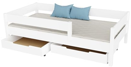 KidsComfort Kinderbett 180x90 cm mit Schublade Rausfallschutz Weiß | Massivholzrahmen I Belastbarkeit bis 150 kg I Sicherheitsgeländer beidseitig montierbar I Für Kinder ab 1,5 Jahren