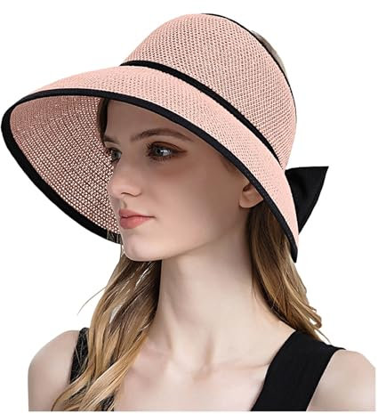 Generisch Sonnenschild Damen, Strohhut Damen Urlaub Strandhut Elegant Damenhut Faltbar Breiter Krempe Sonnenhut Outdoor Sommer Sonnenschutz Atmungsaktiv Sommerhut Rosa