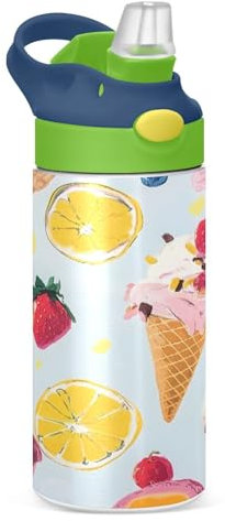 JUMBEAR Yummy Ice Cream Bouteille d'eau isotherme pour enfants de 350 ml, bouteille d'eau de sport isotherme avec couvercle à paille, bouteille d'eau en acier inoxydable pour l'école, garçons et