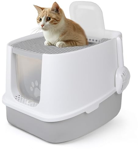 CALIYO Katzenklo mit Deckel – Anti-Geruch Katzenklo Geschlossen mit Hoher Rand, Katzentoilette mit Sieb für Große Katzen bis 7.5kg, Cat Litter Box (51×45×40 cm, Weiß)