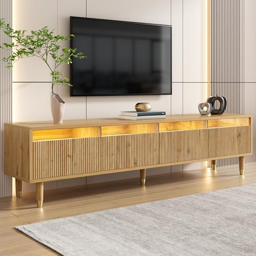TIZZ Mueble de TV con aspecto de madera, 178 cm, diseño minimalista, gran almacenamiento, 4 cajones, tablero de fibra de densidad media, acrílico, para salón, estable, elegante, versátil
