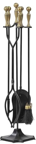 Ensemble d'ustensiles de cheminée 5 pièces avec Support - Construction Durable en Fer forgé avec poignées en Laiton pour Un Entretien Efficace du feu - Idéal pour Une Utilisation dans Une ch