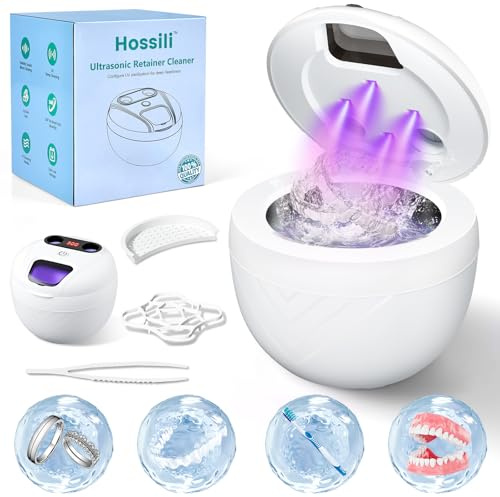 Ultrasonic Retainer Cleaner, 45kHz Retainer Cleaner Machine for Denture Cleaning Pod for Mouth Guards|Aligners|Braces|Toothbrush Heads|Jewelry, 200ML Dental Cleaning Pod with 4 Modes & Digital Timer