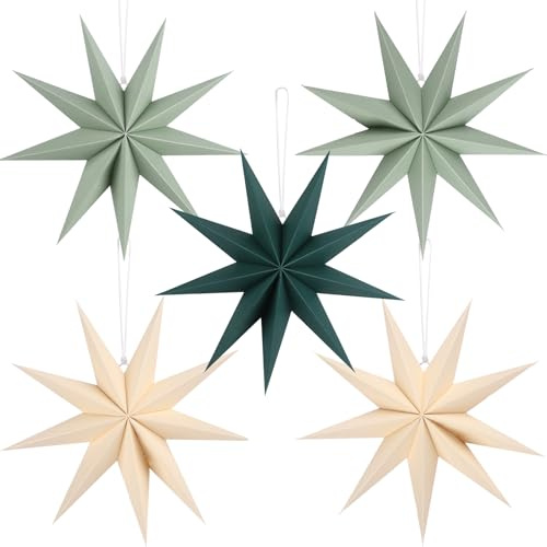 BestoFun 5 Stück Papiersterne Weihnachten Beige 30cm Salbeigrün 9 Zacken Creme Papiersterne Faltsterne Aufhängen Dunkelgrün Weihnachtsdekoration für Weihnachtsdeko Tischdeko Zimmer Hochzeit