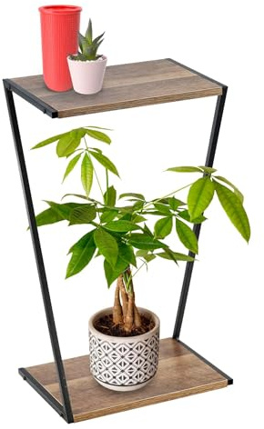 GEEZY 2 Tier Wooden Plant Stand - 50cm Tall Tiered Pot Table with Modern Z Shaped Design for Flowers, Ornaments, Candles - Indoor Plant Stands for Lounge, Bedroom, Living Room & Housewarming Gift