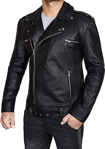 Skyseller Mens Negan Jacket - Walking S7 Jeffrey Dean Morgan Black Biker Leather Jacket -Motorcycle Sheepskin Outerwear