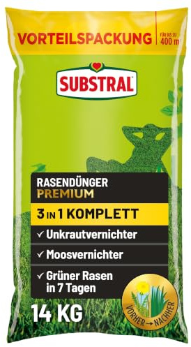 Substral 3in1 Rasendünger 14kg gegen Unkraut Moos mit Langzeitwirkung | Gegen Unkraut und Moos | Lücken werden rasch geschlossen | Einfache Ausbringung