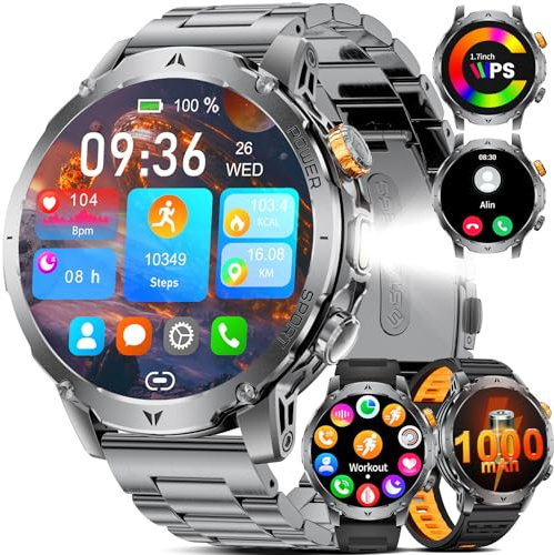 LIGE Montre Connectée Homme 3 Bracelet,1000mAh Longue Autonomie Batterie/1.7‘’ Grand Écran avec Appels/Lampe de Poche/IP68 Étanche Fréquence Cardiaque/Pédomètre,Militaire Smartwatch Android iOS,Noir
