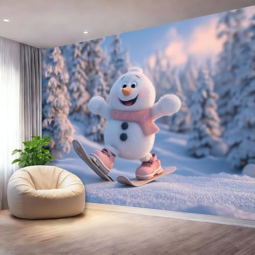 Fototapete Winter Cartoon Schneemann Wald Tapete - Vliestapetenkleister 150 x 105 cm Wandtapete Tapeten Möbelfolie, Blau Tapete für Wohnzimmer Schlafzimmer Schränke Küchentapete