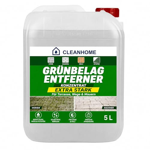 CLEANHOME Grünbelag Entferner Konzentrat 5 Liter – extra starker Grünbelagentferner gegen Algen, Moos & Flechten | selbsttätiger Steinreiniger außen für Terrasse, Wege, Mauern & Holz