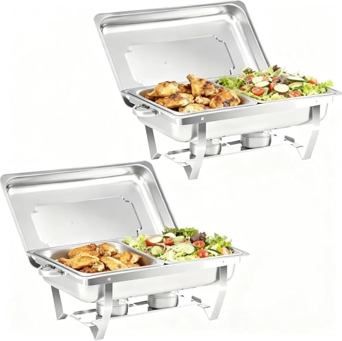 2 Pack Stainless Chafing Dish Buffet Set,9L Roll Top Buffet Food Warming Containers, Catering Server with Lid, Foldable Frame, Food Warmer for Parties, Weddings, Birthdays, Church Events (Sliver)
