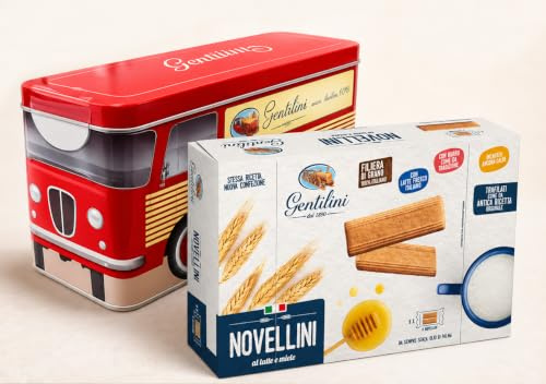 Offerta Colazione con Latta Portafette a Forma di Bus, Fette Biscottate Classiche 185g e Novellini al Latte e Miele 480g – Confezione Regalo da Collezione per gentilini 665g