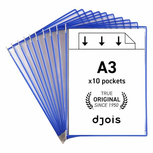 Djois, 113001 – Sichttafeln A3 Hochformat, Stahlrahmen, 10 Stück, Blau | PVC Antireflex, Stahldrahtrahmen, Metallzapfen, Kompatibel mit Tarifold Haltern, für Lean Management