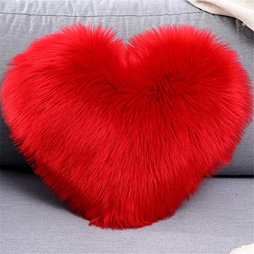 Martin Kench Herzkissen, Schaffell Lammfell Kunstfell Langhaar Zierkissen, Faux Lammfell Schaffell Kissen Dekokissen Zierkissen für Sofa Bett (Rot)