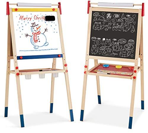 COSTWAY 3-in-1 Wooden Kids Art Easel with Paper Roller, Adjustable Height Double Board Chalkboard Painting Blackboard, Children Educational Toys Gifts (White+Black)