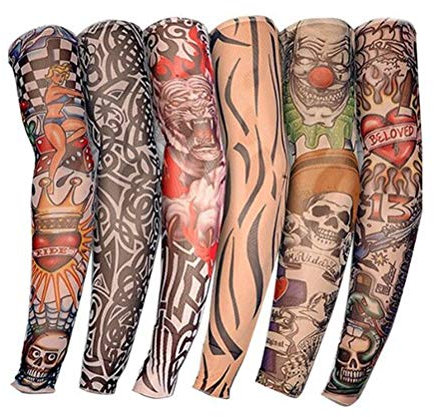 Manchons de Tatouage,6 Pack Hommes Faux Bras Faux Tatouages Temporaire Manches en Nylon Manches de Bras en Nylon Elastique Sleevelet pour Halloween Basketball Cyclisme Sun Block Unisexe 38CM