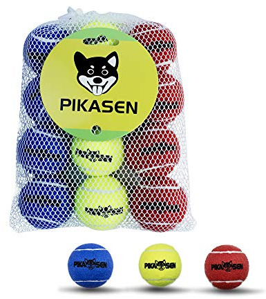 PIKASEN Dog Squeaky Tennis Balls for Pet Playing in 3 Sizes Premium Strong Dog & Puppy Balls for Training, Play, Exercise The Easiest Color for Dogs Red Yellow Blue (Small-12pack)