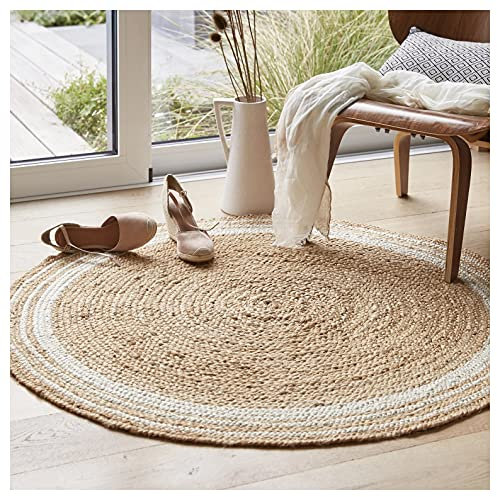 The Knitted Co. 100% Jute Area Rug Approx 4 Feet - Braided Design Hand Woven Natural White Rings Carpet - Home Decor for Living Room Hallways - Round Natural Fibers