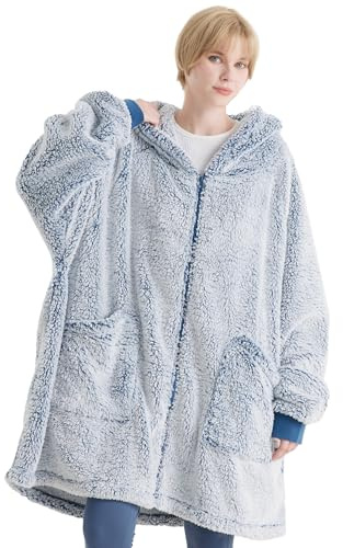 Bedsure Coperta indossabile con cappuccio e cerniera, in pile Sherpa, oversize, con cerniera, per donne, uomini, blu navy, 100 x 78 cm