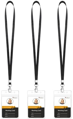 Teskyer 3 Pcs Black Lanyard with Card Holder, ID Badge Holder, Transparent, Waterproof, Plastic, Soft, with Resealable Zipper, Black