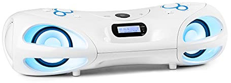 auna Spacewoofer DAB Boombox mit CD-Player - mobiler Lautsprecher, Musikbox, 40 Watt, UKW-Radio, DAB+, Bluetooth, USB, AUX IN, LED-Lichteffekte, Netz- oder Batteriebetrieb, inkl. Fernbedienung, weiß