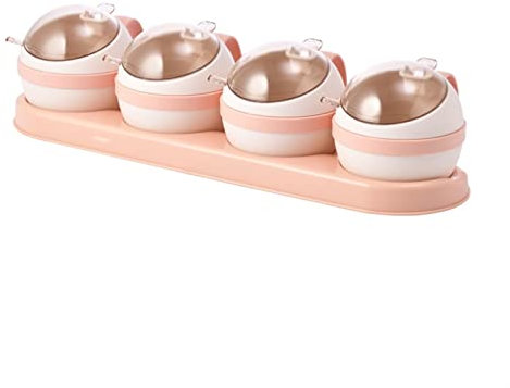 Gewürzstreuer Gewürzglas-Set Salzzucker und Pfeffer-Shakers-Küchen-Gewürzkasten-Gewürz-Organizer Gewürze-Rack-Speicher-Gläser mit Löffel-Deckel (Color : Pink 4 groups)
