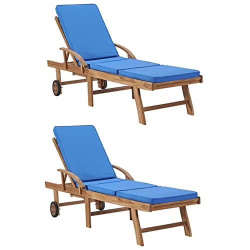 Gecheer Sonnenliegen mit Auflagen 2 STK. Holzliege Sonnenliege Gartenliege Liegestuhl Relaxliege Gartenliege Deckchair für Garten Urlaub Outdoor, Massivholz Teak Blau