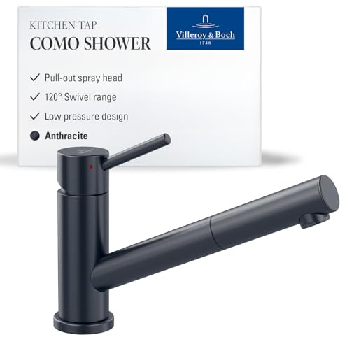 Villeroy & Boch Como Shower Kitchen Tap, Low Pressure, Kitchen Tap with Extendible Shower and 120° Swivel Range, Sink Mixer Tap Water-Saving, Spout Height 120 mm, Anthracite