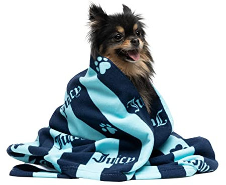 Juicy Couture Toalla para Perro, 100% Microfibra, Rayas de corazón Azul Marino/Turquesa, Absorbente de Secado rápido