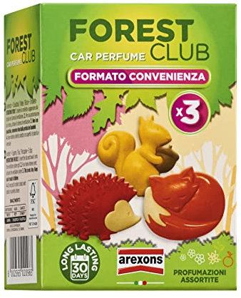 AREXONS Forest Club & Friends Tripack, Profumatore Auto, Durata Fino a 30 Giorni, Confezione da Tre Animaletti, Fragranza Orange Sunrise, Vanilla&Tea, Pink Flowers, Made in Italy