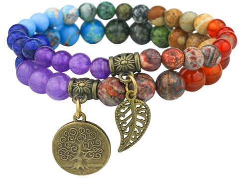 JUZICHEN Bracciale Pietre Naturali, Bracciale Donna Albero Della Vita, Regolabile Yoga Bracciali Chakra Bracciale Pietre Colorato (B)