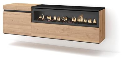 Skraut Home | TV-Schrank, Lowboard | für Wohnzimmer und Esszimmer | 150x45x35cm | Für TV-Geräte bis zu 65 | Elektrokamin. Maße | Hängend | Moderner Stil | Eiche Schwarz
