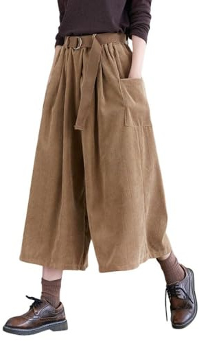 LIUYUYOUGO Pantaloni da Donna in Velluto A Coste A Gamba Larga,Marrone Pantaloni Cropped in Vita Elasticizzata Vintage Pantalonis Culottes Eleganti Palazzo Larghi Invernali Lounge