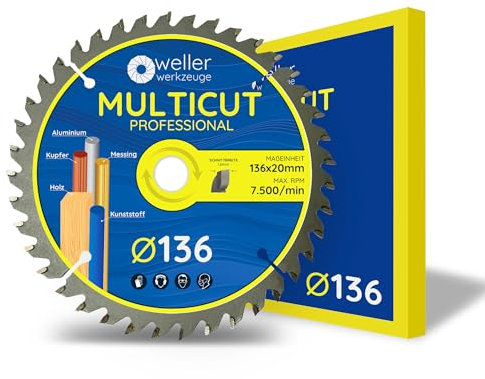 WELLERWERKZEUGE | Profi MULTICUT Kreissägeblatt Sägeblatt 136x20mm + 16mm 40 Zähne für Holz Kunststoff Aluminium passend für Akku Kreissäge Tischsäge