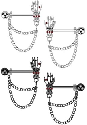 beyoutifulthings Paar Brustwarzen-piercings Skelett-Hand Schwarz Silber Rot Ketten-Anhänger Brust-piercing Nippel-piercing Chirurgenstahl Stab 12-mm