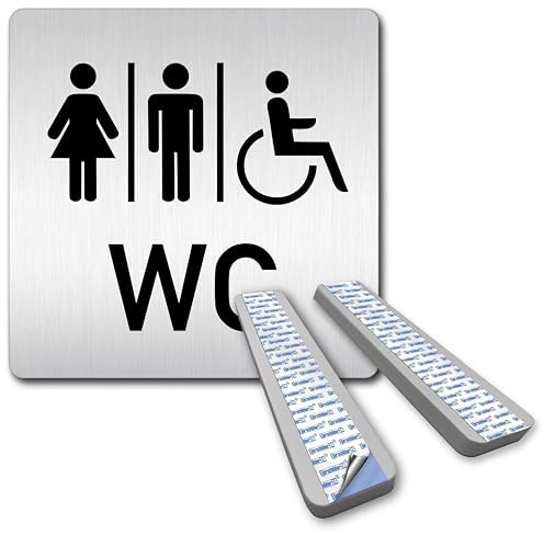 Türschilder24 Plaque de porte XXL - 125 x 125 mm - Panneau signalétique pour toilettes et fauteuil roulant handicapés (avec entretoises de 5 mm autocollantes). Aspect élégant grâce à l'effet de