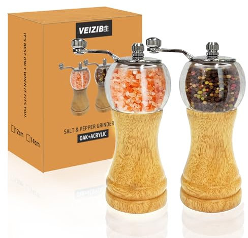 Set 2 macina sale e macina pepe, Macinino manuale in legno massiccio per macinare pepe e sale, Nucleo di macinazione in ceramica grana regolabile, macina sale pepe spezie (Colore del legno 2pcs-6in)