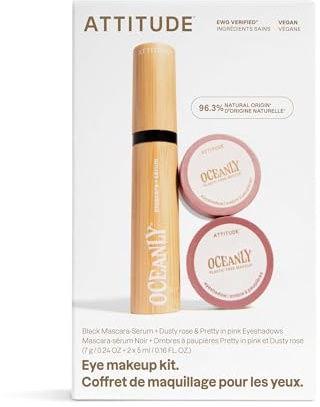 ATTITUDE Oceanly Pink Makeup Set, EWG Verified Eyeshadow and Lash Serum Infused Mascara, Vegan Beauty, Set of 3 Products