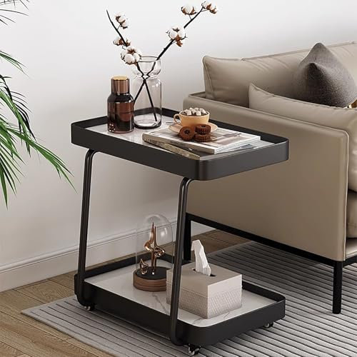 jwfxiaodige Beweglicher Couchtisch, Sofa-Beistelltisch, Kleiner Tisch Im Schlafzimmer, Rockboard-Tischplatte, Ausgewählter Stahlrahmen, Bewegliches Flaschenzug-Design, Abgerundete Ecken(Black,Medium)