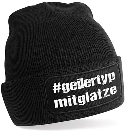 Herzbotschaft Beanie Strickmütze mit Spruch | #geilertypmitglatze - Geiler Typ mit Glatze | Farbwahl | Unisex SoftTouch angenehm weiche und warme Wintermütze | OneSize Einheitsgröße für Erwachsene