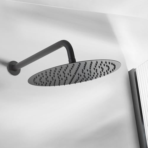 MILANO 300mm Round Fixed Rainfall Shower Head Ceiling Mounted Arm Black