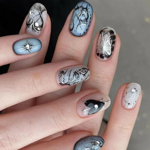 24x 3D Rhinestones Full Covers False Nails Press On Nails Butterfly Stick On Nails Silver Black Lines Acrylic Nails