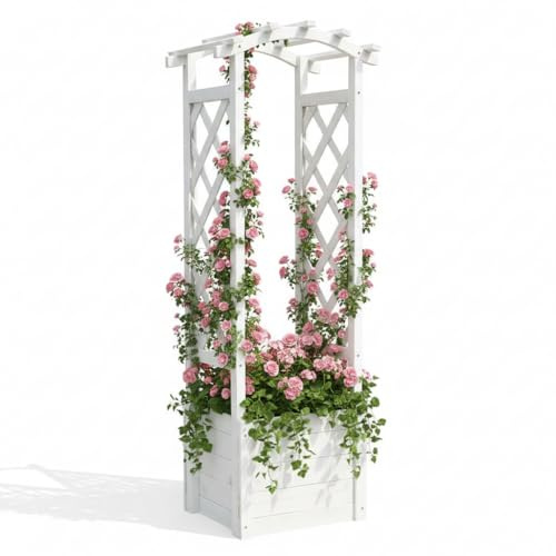 Mucola Rosenbogen mit Pflanzkasten Rankhilfe Spalier Fichtenholz Weiß | Landhausstil mit geschwungenem Bogen, für Rosen, Clematis, Kletterpflanzen, platzsparend für kleine Außenbereiche, wetterfest