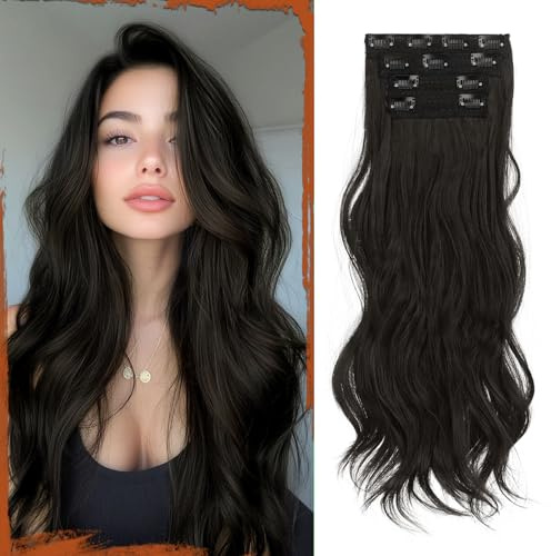 Sofeiyan Extension Capelli Clip 4PCS 50 cm Ondulati Posticci Sintetici Morbidi Naturali Fermagli Antiscivolo Invisibili Capelli Estensioni a Clip per Donna, Nero Naturale